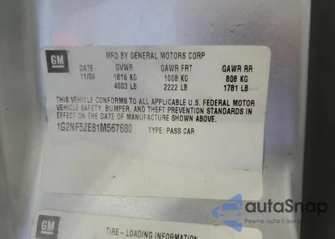 2001 Pontiac Grand Am Se1 из США, поврежденный, VIN 1G2NF52E81M567680